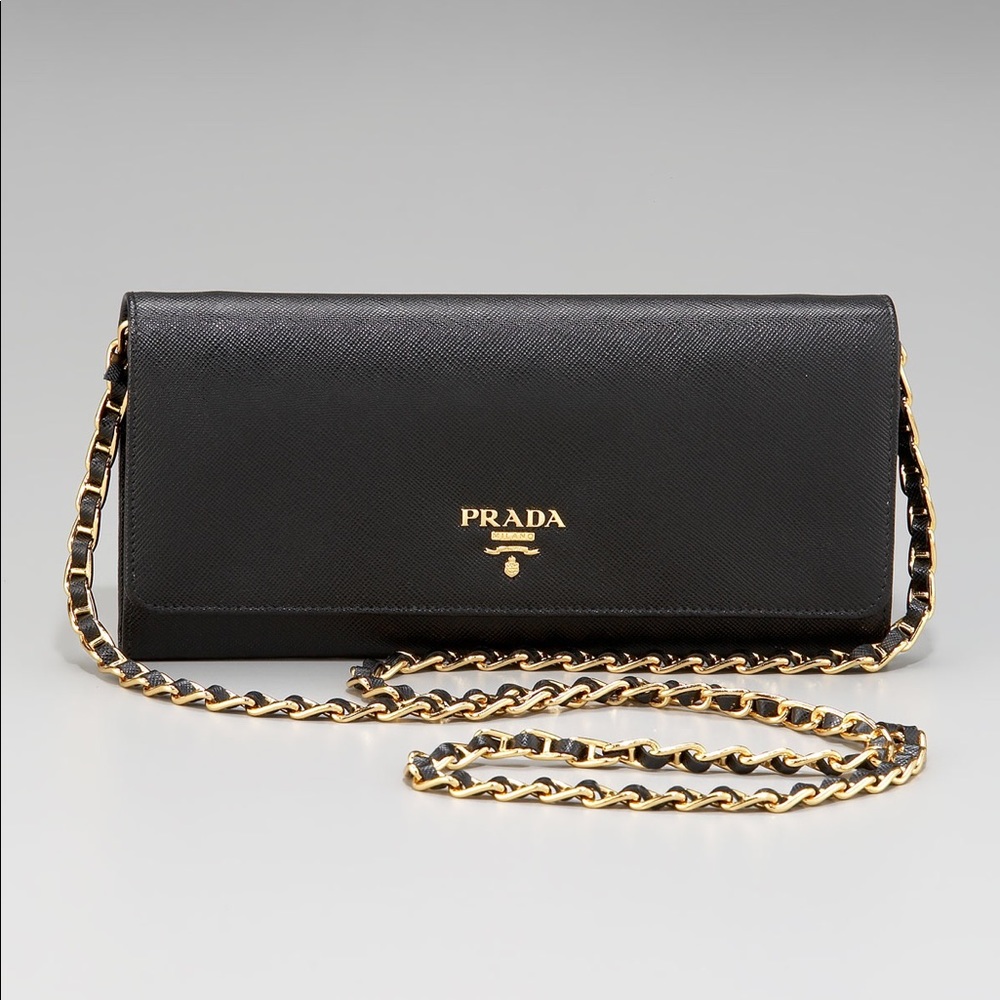 Prada Saffiano Black Wallet on a Chain